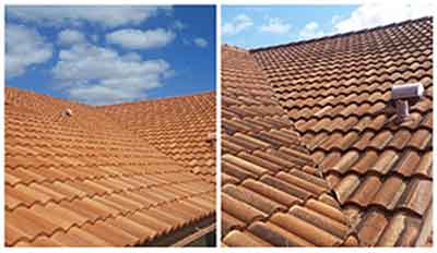 before and after image of a roof Refresh Soft & Pressure Washing cleaned.